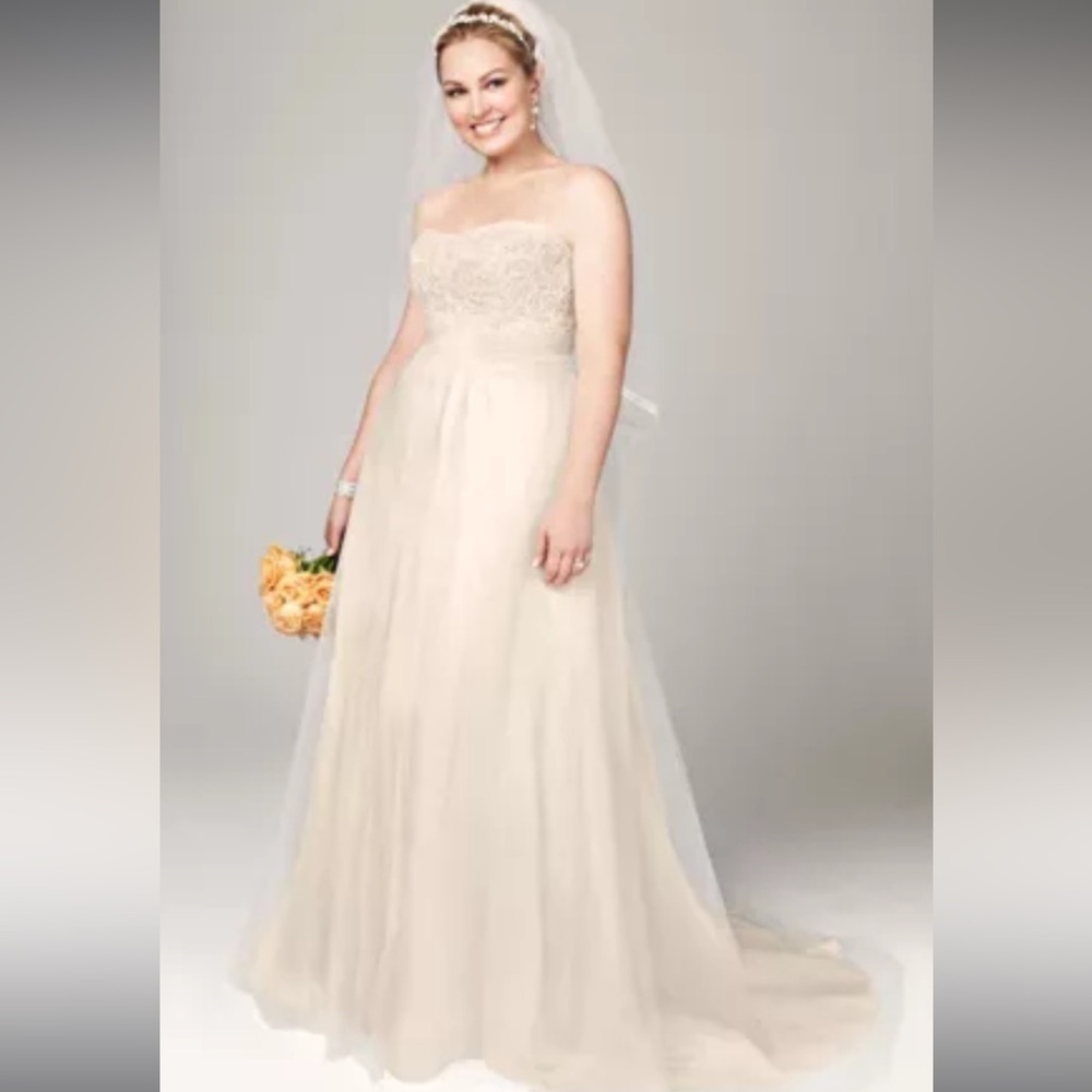 David’s Bridal Strapless A-Line Beaded Lace Tulle Wedding Dress Ivory Champagne